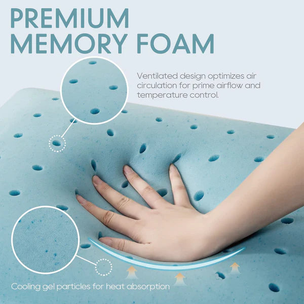 Blue memory foam pillow with hand demonstrating texture and cooling gel particles, text about premium memory foam properties.